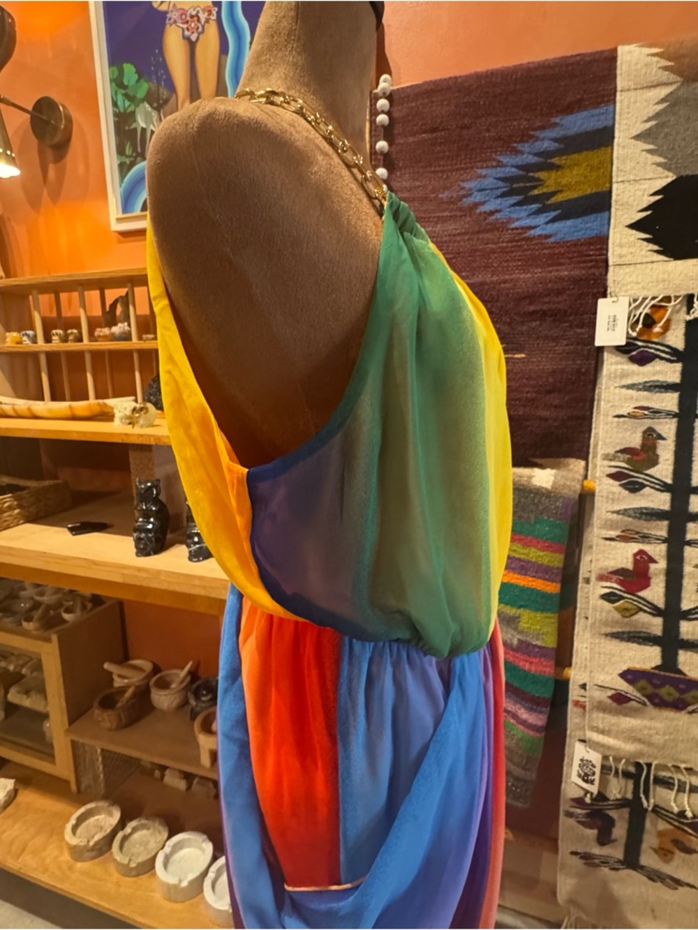 Vibrant Rainbow Halter Dress with Draped Skirt Medium - Picture 6 of 15